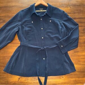 J Jill Navy Belted Long Sleeve Button Up Collared Shirt Top Jacket Petite XL XLP